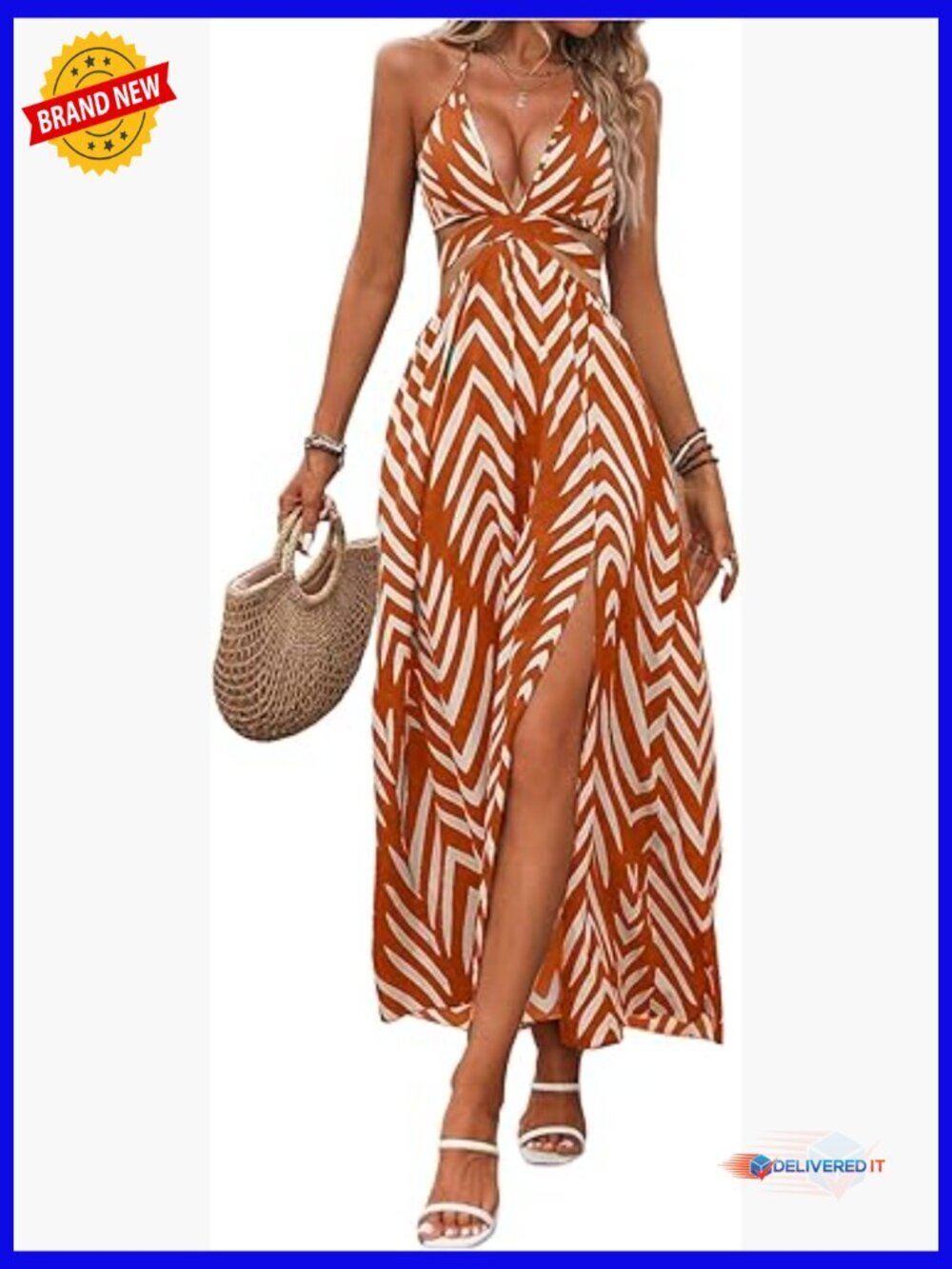 Women's Maxi Dress Halter Tie Back Low Cut Split Thigh Casual Flowy